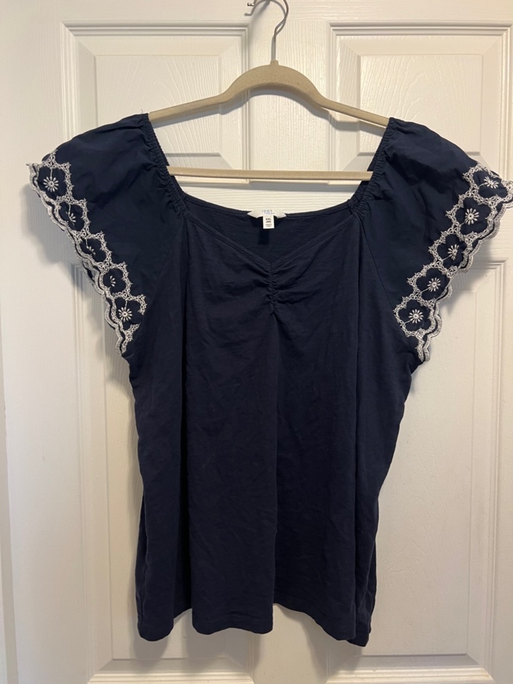 Time and Tru Navy Top with White Floral Eyelet Sleeves